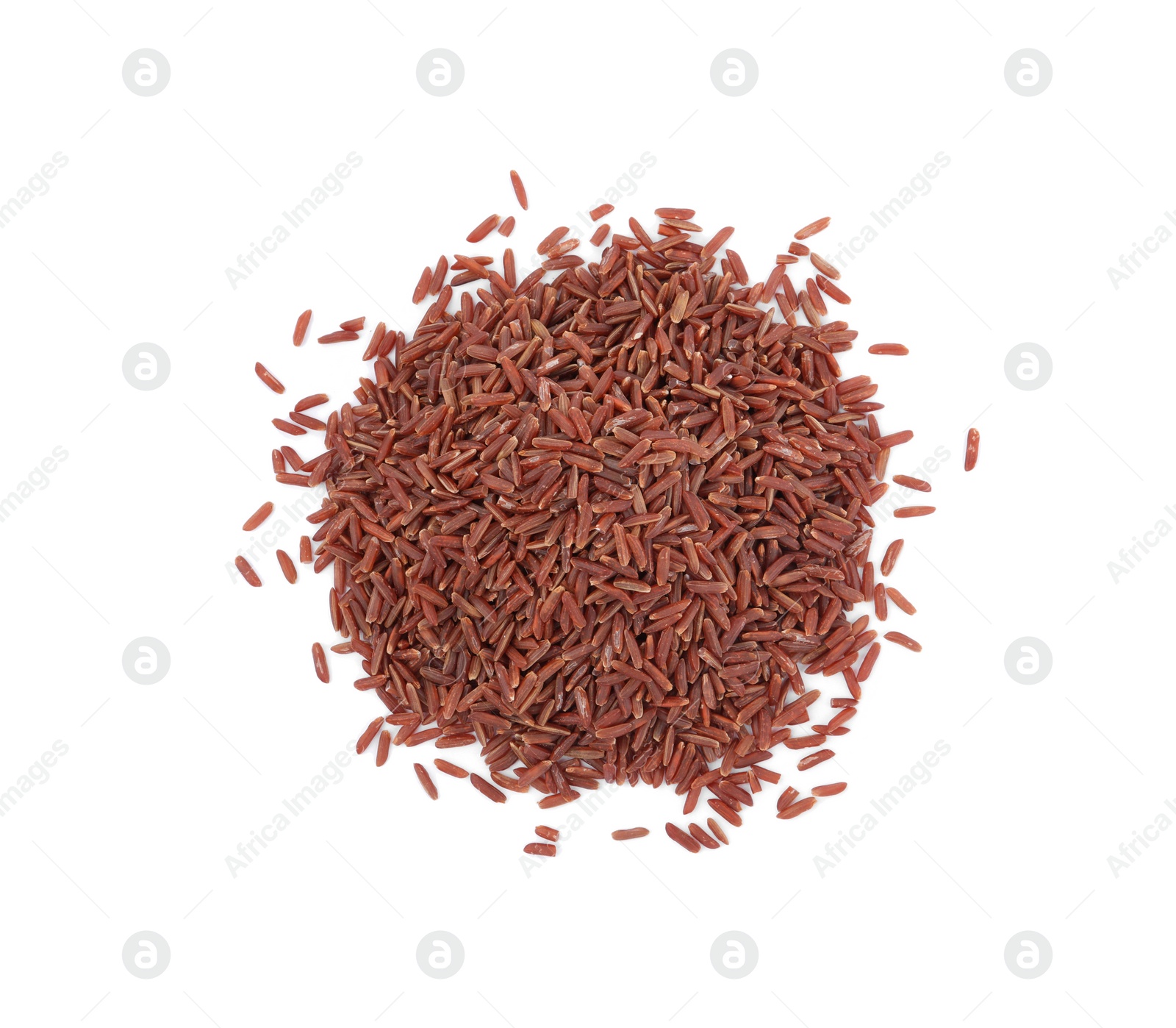 Photo of Pile of raw red rice isolated on white, top view