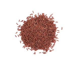 Pile of raw red rice isolated on white, top view