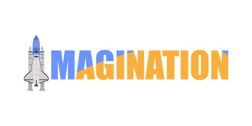 Illustration of Word Imagination with illustration of rocket instead of letter I on white background