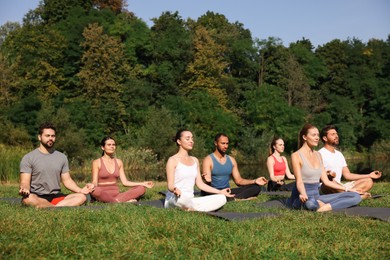 Group of people practicing yoga on mats outdoors. Lotus pose