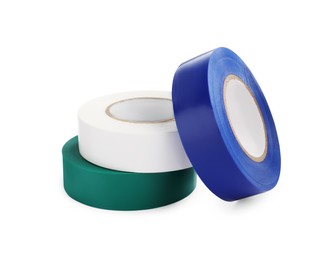 Photo of Colorful insulating tapes on white background. Electrician's supplies