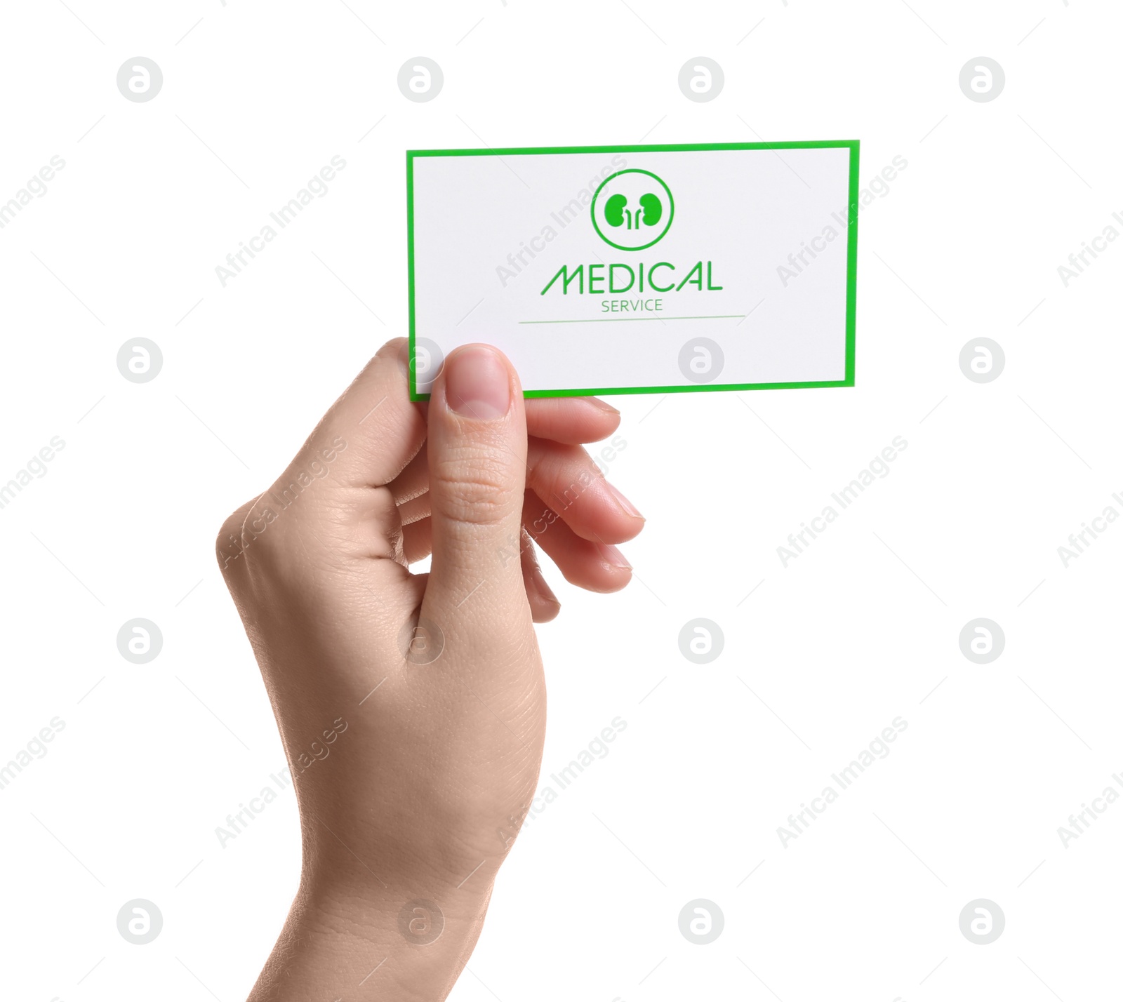 Photo of Woman holding medical business card isolated on white, closeup. Nephrology service