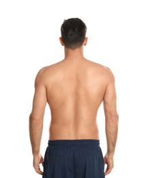 Photo of Man with healthy back on white background. Visiting orthopedist