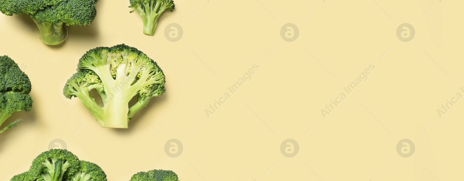 Image of Flat lay composition with fresh green broccoli on yellow background, space for text. Banner design 