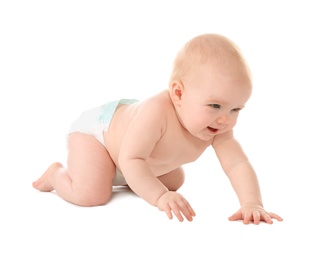 Photo of Cute little baby crawling on white background