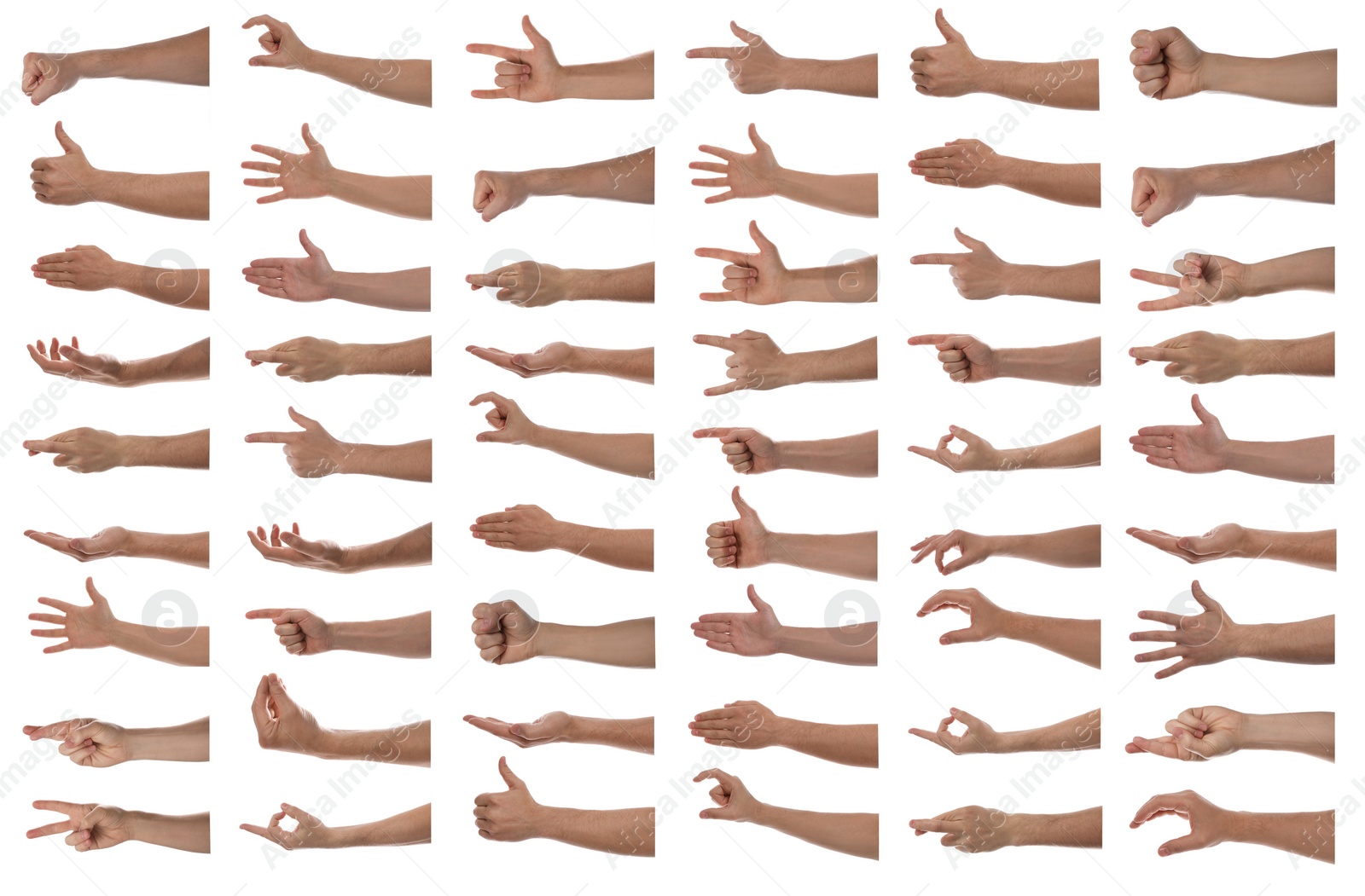 Image of Collage with man showing different gestures on white background, closeup view of hands