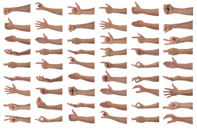 Collage with man showing different gestures on white background, closeup view of hands