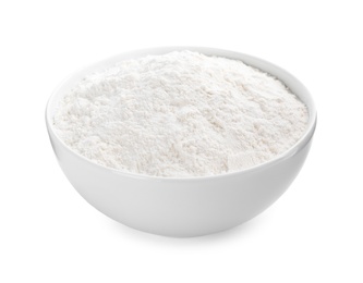 Photo of Organic flour in ceramic bowl isolated on white.
