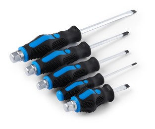 Photo of Set of screwdrivers with blue handles isolated on white