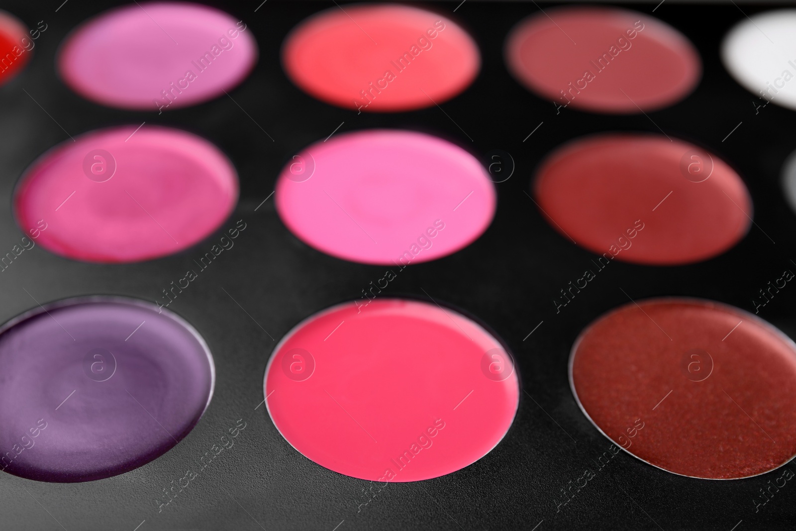 Photo of Cream lipstick palette as background, closeup. Professional cosmetic product