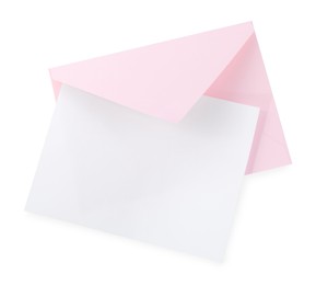 Blank card and letter envelope isolated on white, top view