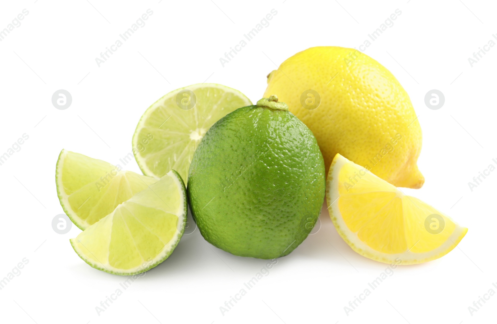 Photo of Fresh ripe lemons and limes on white background