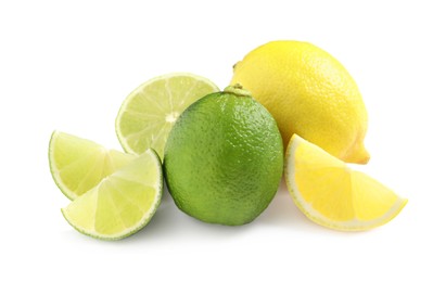 Photo of Fresh ripe lemons and limes on white background