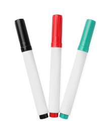 Bright color markers isolated on white, top view. School stationery