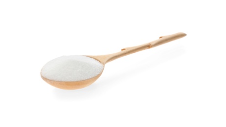 Photo of Wooden spoon with salt isolated on white