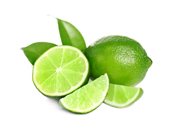 Photo of Fresh ripe green limes isolated on white