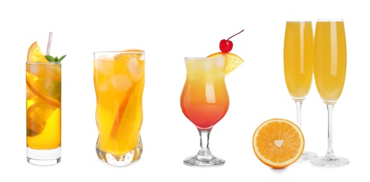 Image of Set with delicious Mimosa cocktails on white background, banner design