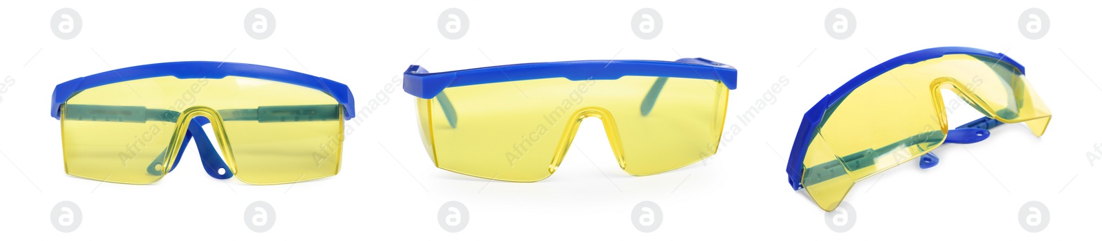 Image of Set with protective goggles on white background, banner design. Safety equipment