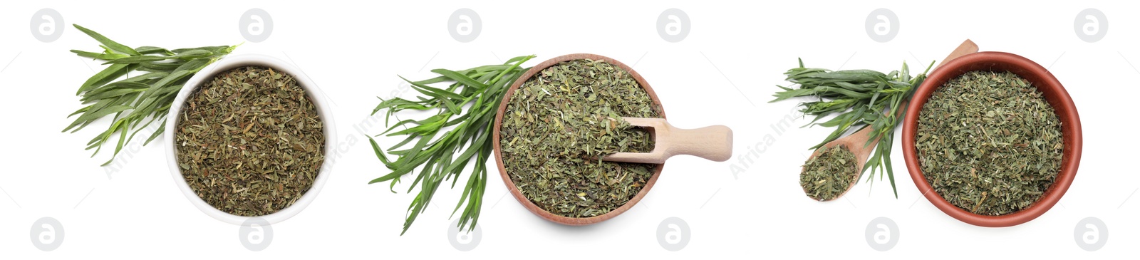 Image of Dry tarragon and fresh leaves isolated on white, top view