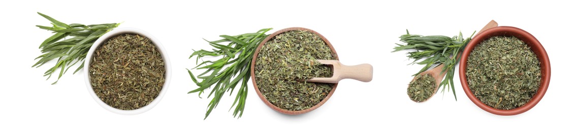 Image of Dry tarragon and fresh leaves isolated on white, top view