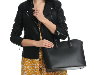 Photo of Young woman with stylish bag on white background, closeup