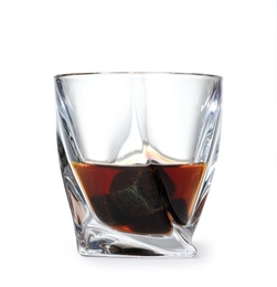 Photo of Glass of scotch whiskey on white background