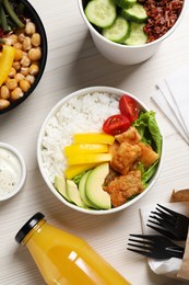 Photo of Flat lay composition with healthy takeaway food on white wooden table