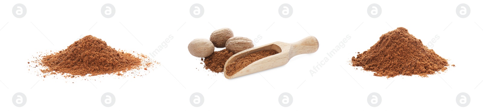 Image of Set with nutmeg powder on white background. Banner design