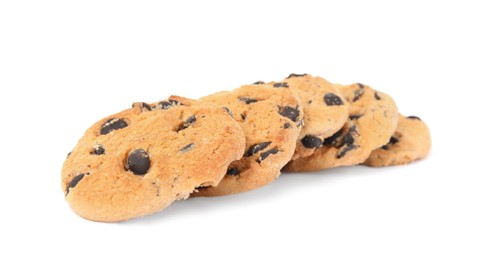 Delicious chocolate chip cookies on white background