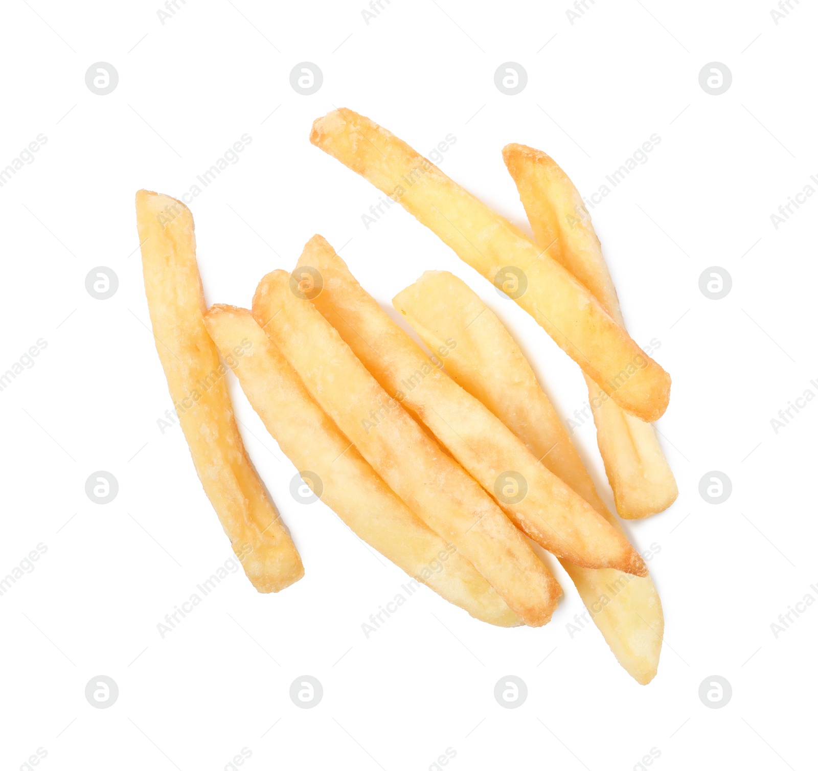 Photo of Delicious fresh french fries on white background, top view