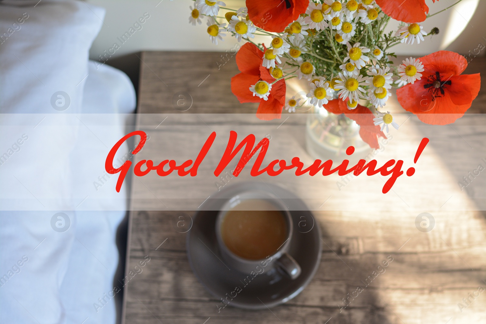 Image of Good morning! Beautiful bouquet of poppies and chamomiles near cup with coffee indoors, focus on flowers