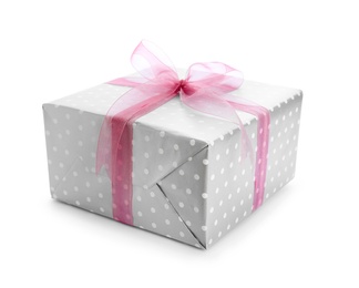 Elegant gift box with bow on white background