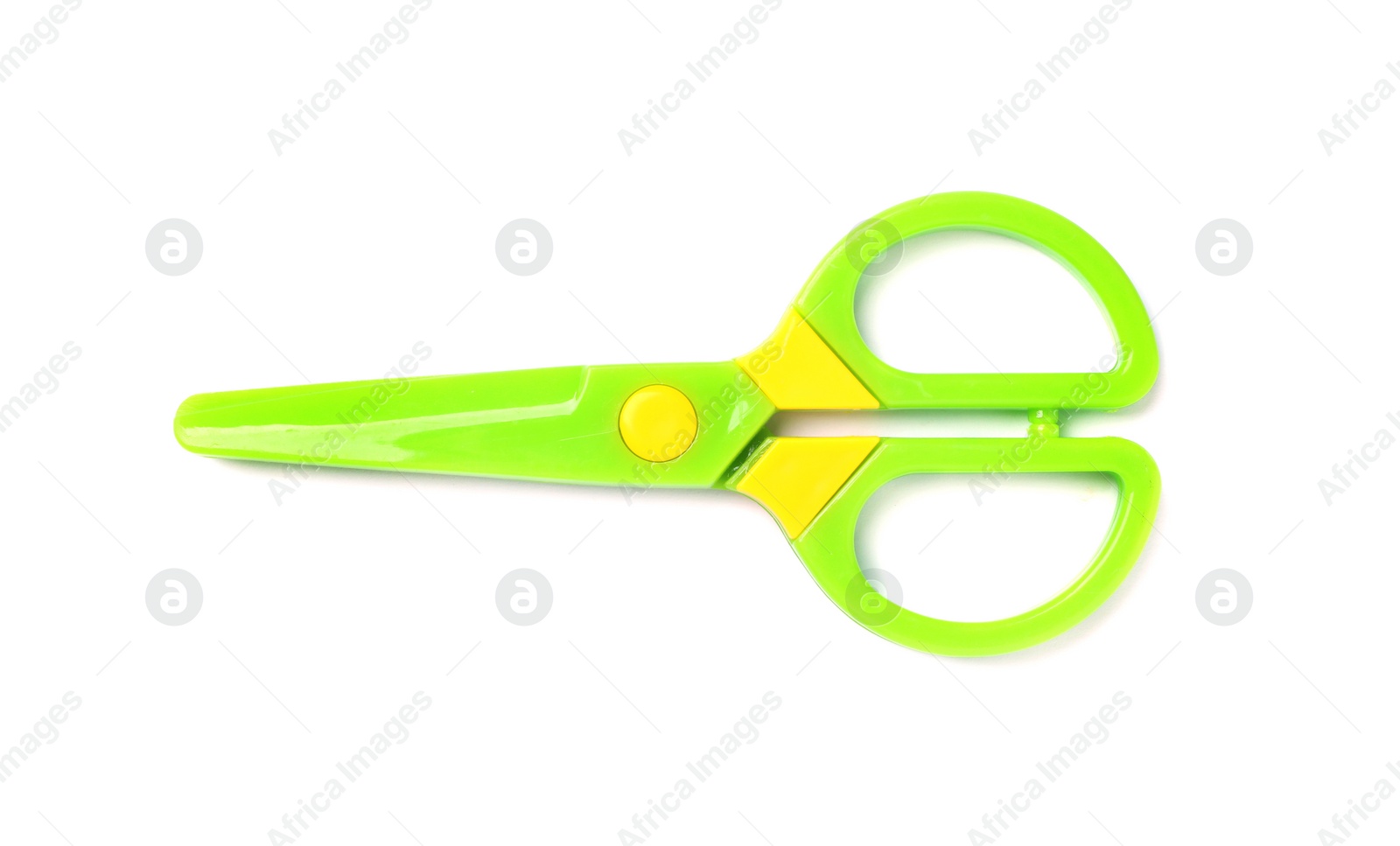 Photo of Colorful plastic scissors on white background. School stationery