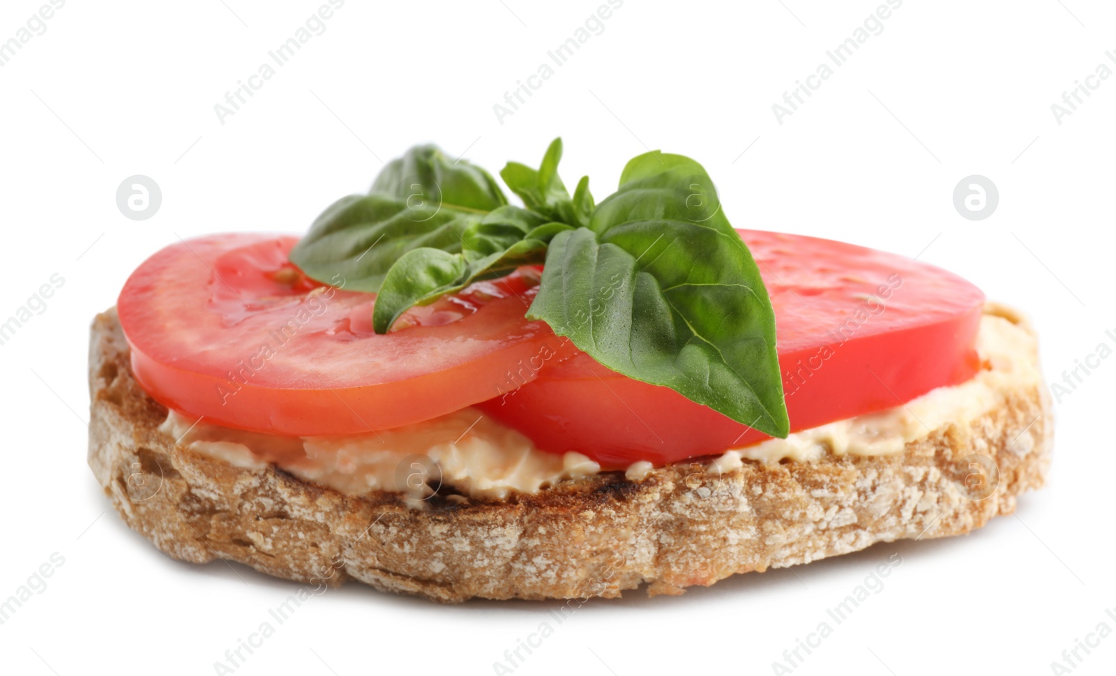 Photo of Tasty fresh tomato bruschetta on white background