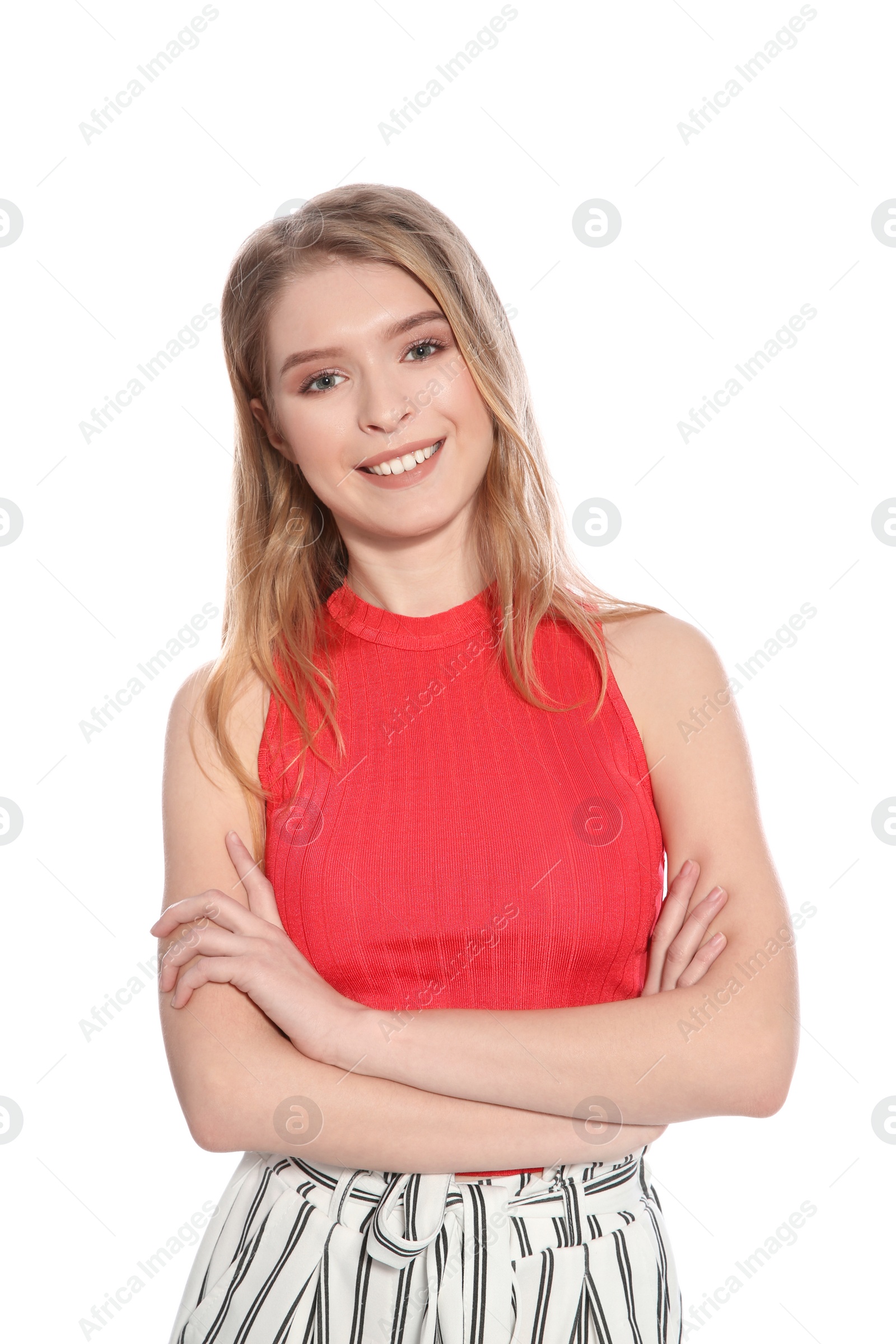 Photo of Portrait of beautiful young woman on white background