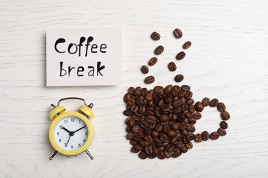 Cup made of beans, card with phrase Coffee Break and alarm clock on white wooden table, flat lay