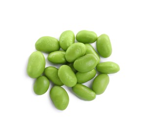 Photo of Pile of fresh edamame soybeans on white background, top view