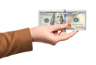 Photo of Money exchange. Woman holding dollar banknotes on white background, closeup