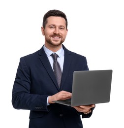 Photo of Handsome bearded businessman in suit with laptop on white background