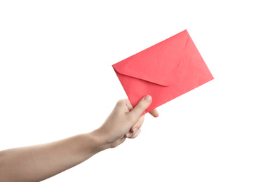 Woman holding red paper envelope on white background, closeup