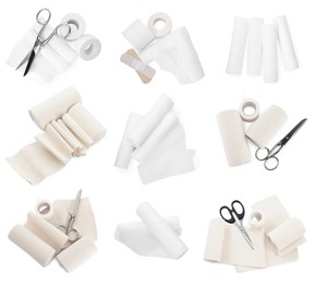 Image of Set with gauze and elastic bandages on white background, top view