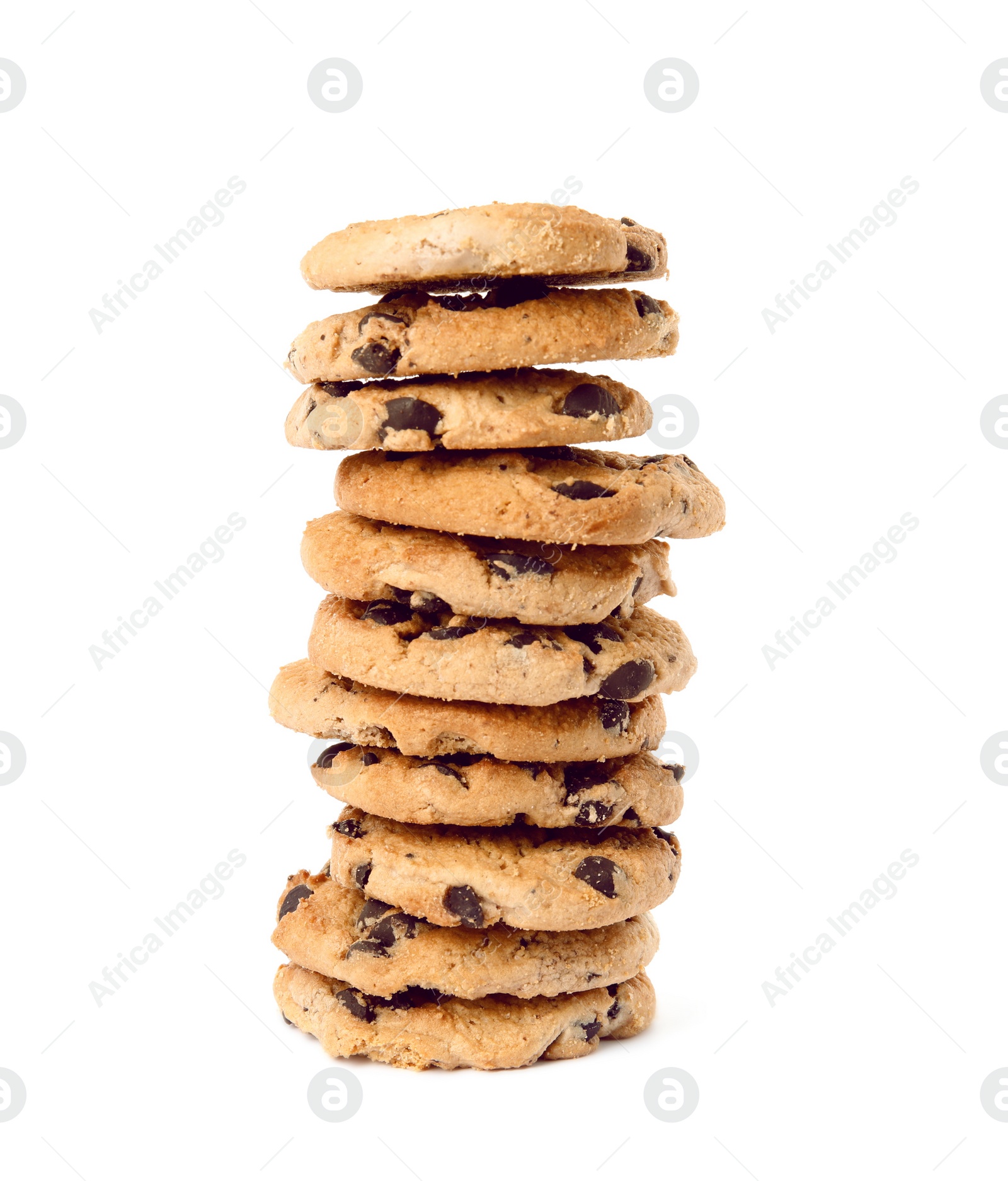 Photo of Stack of delicious chocolate chip cookies on white background