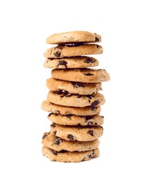 Stack of delicious chocolate chip cookies on white background