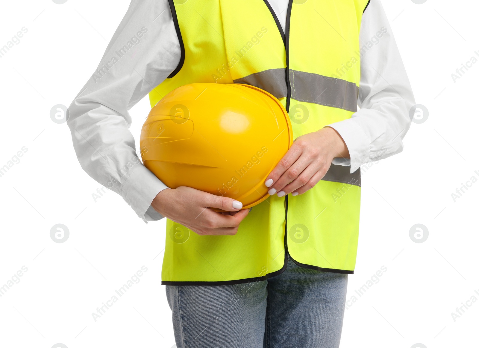 Photo of Engineer with hard hat on white background, closeup