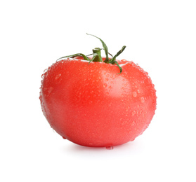 Photo of Fresh ripe organic tomato with water drops isolated on white