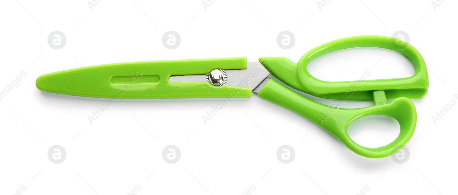 Photo of Scissors in plastic blade cover on white background