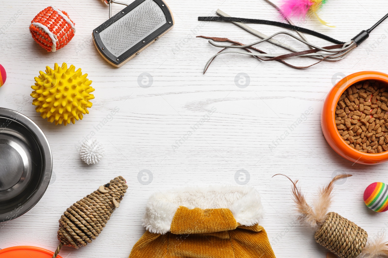 Photo of Flat lay composition with cat clothes, food and accessories on white wooden table. Space for text