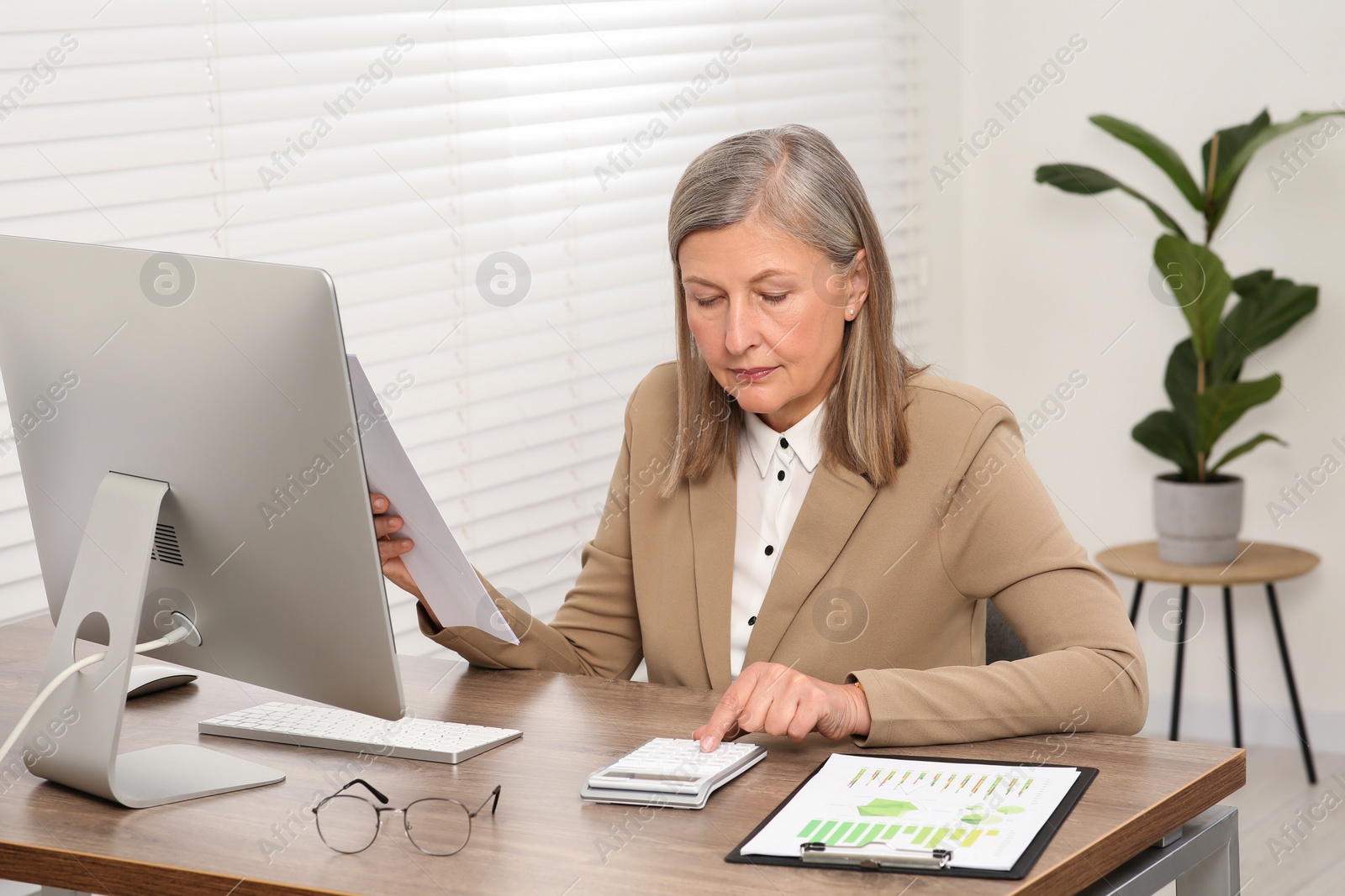 Photo of Senior accountant working at wooden desk in office