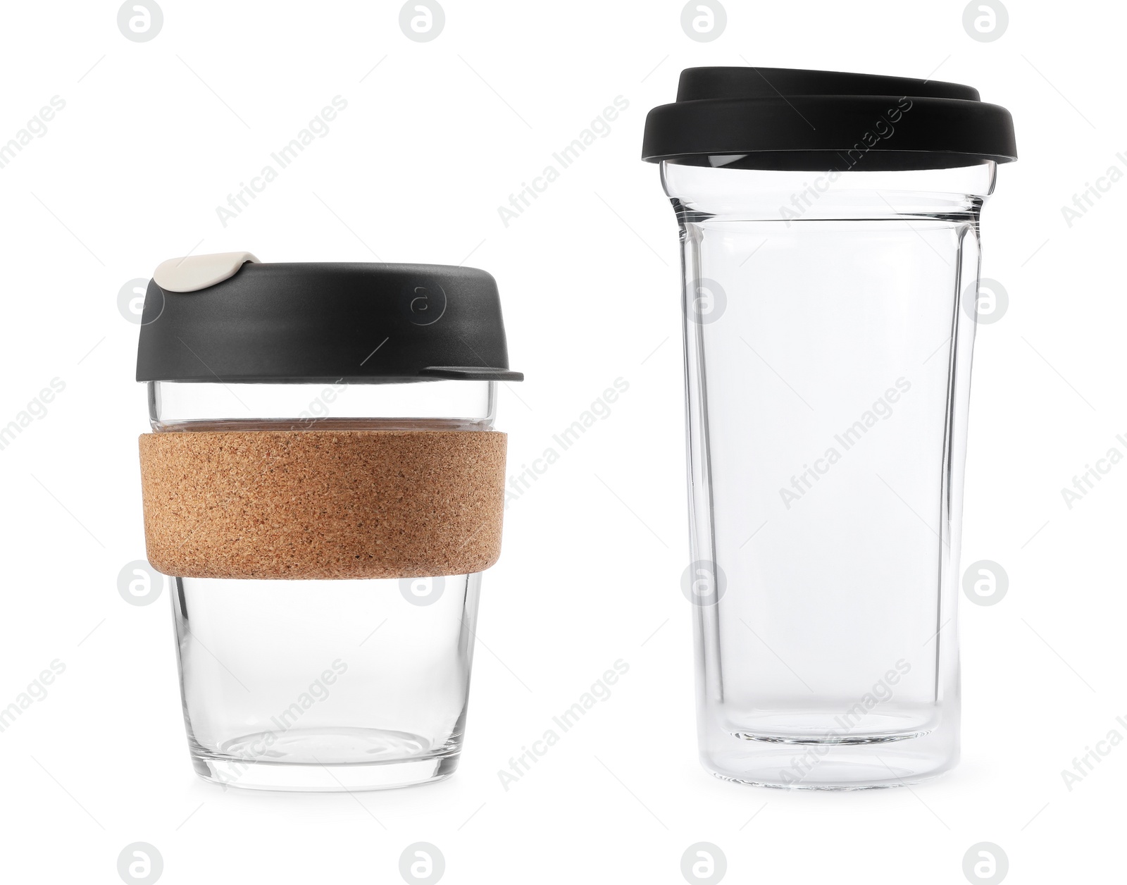 Image of Empty glass coffee cups on white background