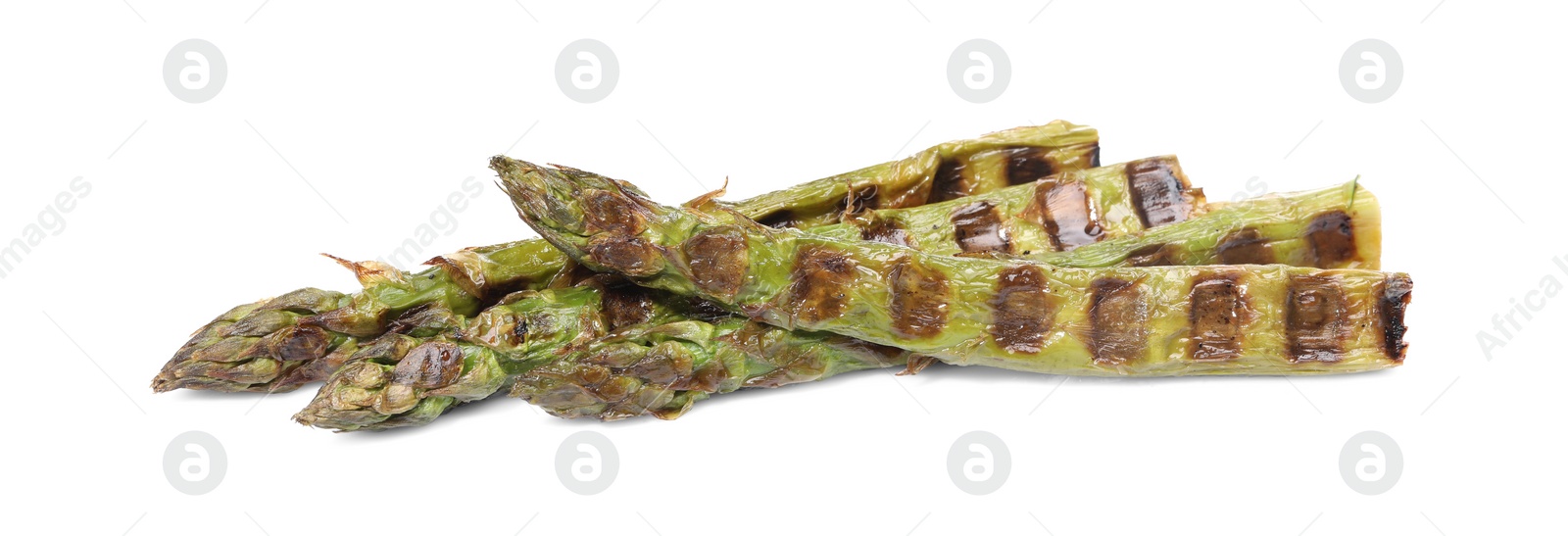 Photo of Tasty grilled green asparagus isolated on white